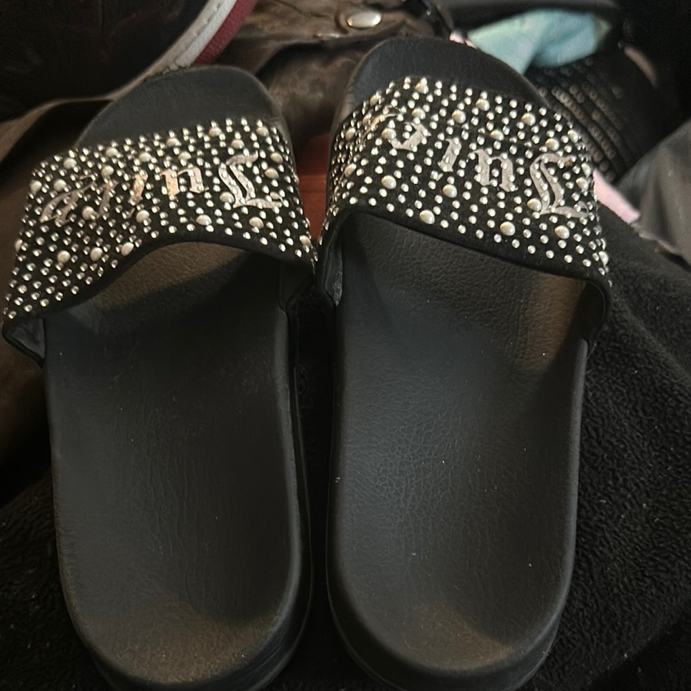 Black Slide Sandals with Rhinestone Embellishments
